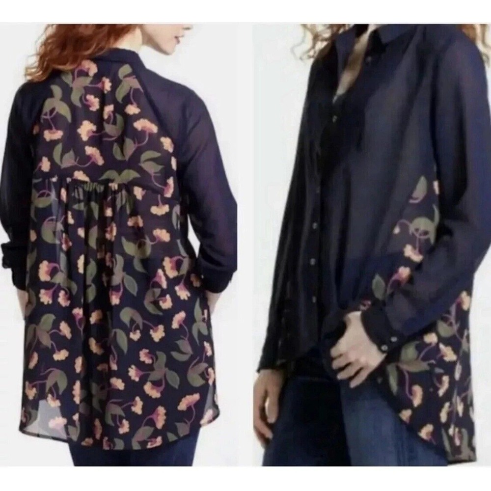 Anthropologie Maeve Ira Sheer Tunic‎ Blouse Blue Floral High Lo Size 4 NEW